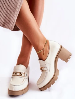 Skórzane Półbuty Na Słupku Ze Złotą Ozdobą Jasnobeżowe Lemar Mikeyla