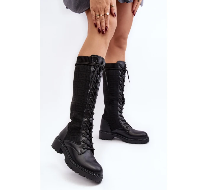 Dámské kozačky se šněrováním a elastickým svrškem černé model 21642236 - Boto