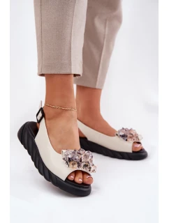 Skórzane Sandały Damskie Z Kryształkami Artiker 54C1627 Beżowe