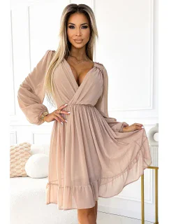 538-1 MILA Šifónové midi šaty s dlhými rukávmi a výstrihom - BEACH