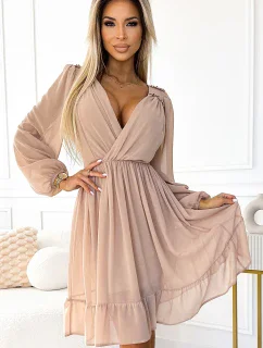 Béžové dámské šifonové midi šaty s dlouhými rukávy a výstřihem model 19927329 - numoco
