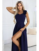 model 22043331 Elegantní večerní maxi šaty s rozparkem a růžemi tmavě modré - numoco