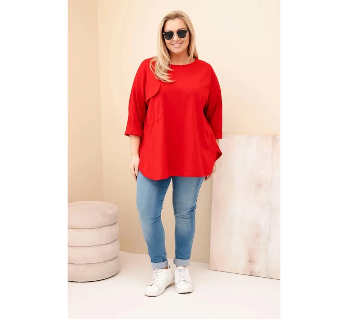 Dámská blůza Plus Size s bavlnou, kapsou a ohrnutým rukávem červená