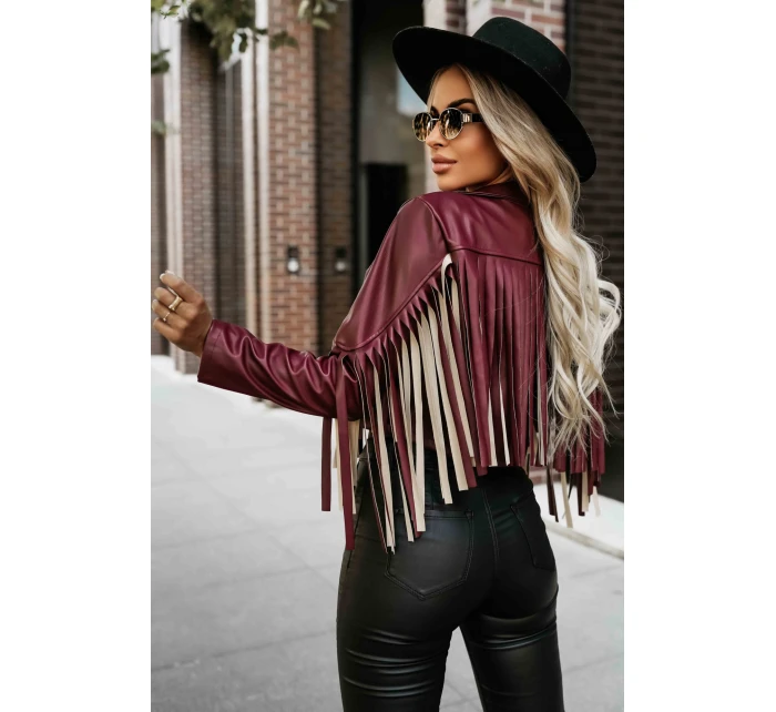 model 21337606 Krátká bunda s třásněmi z měkké ekokůže vínová - numoco basic