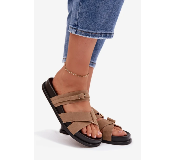 Dámské pantofle s pásky a zlatým přezkou tmavě béžové Selorina