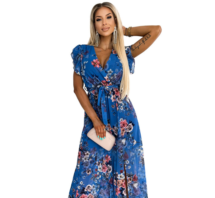 ARIA - Svetlomodré dlhé kvetované dámske šaty s výstrihom a krátkymi rukávmi 473-1