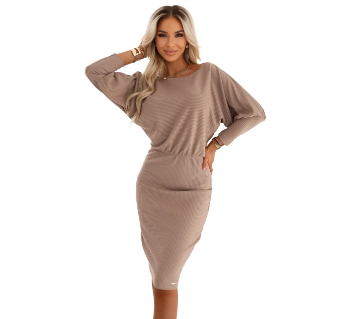 399-4 LARA Pruhované šaty s rebrovanými manžetami - moka pena