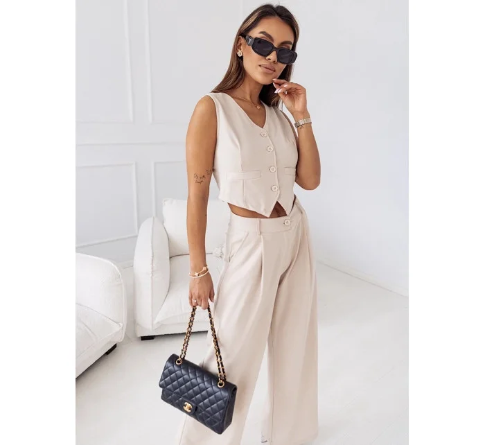 Elegantní béžový dámský komplet krátká vesta a široké kalhoty model 19761446 - Moon