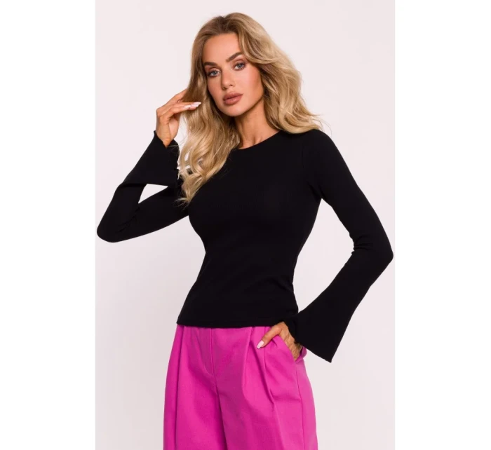 M806 Rebrovaný top s dlhými rukávmi - čierny