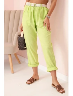 Dámske ľanové nohavice s bavlnou a opaskom svetlozelenej farby