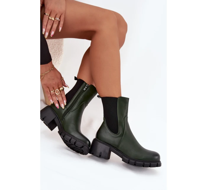 Botki Damskie Na Klocku Eko Skórzane Ciemnozielone Kyra Botki Damskie Na Klocku Eko Skórzane Ciemnozielone Kyra