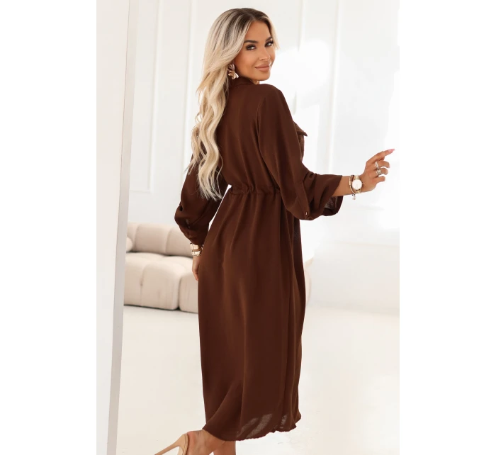 651-1 Midi šaty s gombíkmi a opaskom - čokoládové