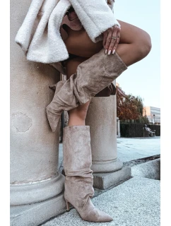 Dámske zateplené čižmy na podpätku Mavella - béžové, eko semiš