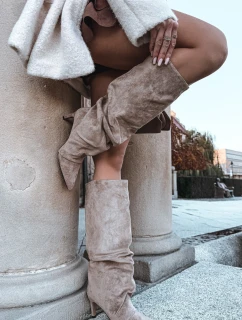 Dámske zateplené čižmy na podpätku Mavella - béžové, eko semiš