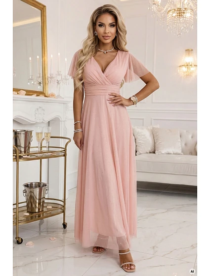 635-7 MELANIA Dlhé trblietavé svadobné šaty s krátkymi rukávmi a výstrihom - broskyňové 635-7 MELANIA Dlhé trblietavé svadobné šaty s krátkymi rukávmi a výstrihom - broskyňové