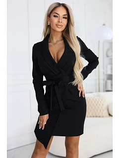 model 22040379 Elegantní tmavě modré šaty s páskem a asymetrickým spodním dílem černé - numoco