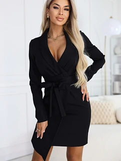 670-1 Elegantné tmavomodré šaty s opaskom a asymetrickou spodnou časťou - čierne