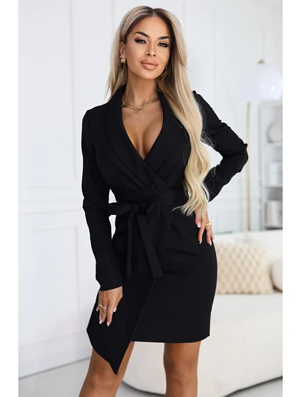 model 22040379 Elegantní tmavě modré šaty s páskem a asymetrickým spodním dílem černé - numoco