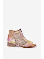 Skórzane Botki Damskie Na Płaskim Obcasie Z Odkrytymi Palcami Maciejka 06413-15 Różowo-Pomarańczowe