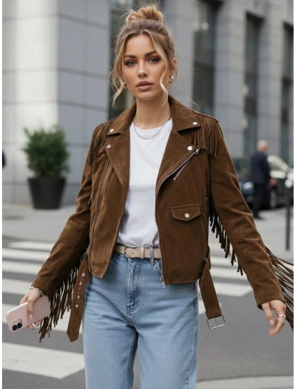 Dámska semišová bunda so strapcami hnedá FashionStreet TY5582 Dámska semišová bunda so strapcami hnedá FashionStreet TY5582