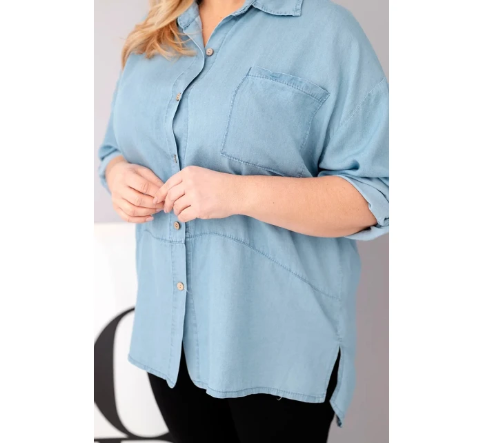 Dámske lyocelové tričko s predĺženým chrbtom a gombíkovými rukávmi Light Denim v nadmernej veľkosti