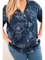 Dámská bavlněná halenka Plus Size s květinovým vzorem námořnická modrá Dámská bavlněná halenka Plus Size s květinovým vzorem námořnická modrá