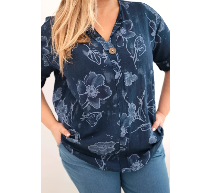 Dámská bavlněná halenka Plus Size s květinovým vzorem námořnická modrá Dámská bavlněná halenka Plus Size s květinovým vzorem námořnická modrá
