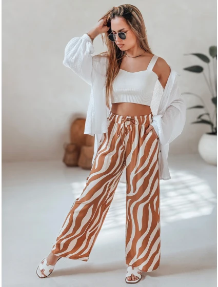 Dámske pruhované nohavice so širokými nohavicami ZEBRAVIBE beige/camel FashionStreet UY2655 Dámske pruhované nohavice so širokými nohavicami ZEBRAVIBE beige/camel FashionStreet UY2655