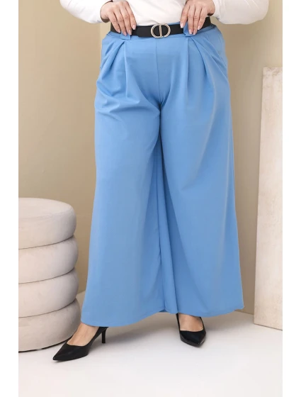 Plus veľkosť dámske široké nohavice z viskózy s opaskom modrá