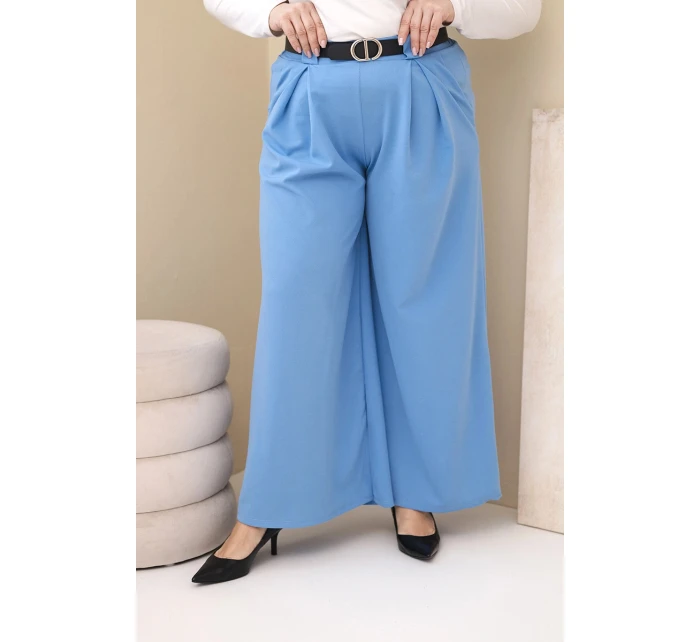 Plus veľkosť dámske široké nohavice z viskózy s opaskom modrá