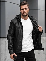 Pánska kožená zateplená bunda s kapucňou, čierna, FashionStreet TX5145 Pánska kožená zateplená bunda s kapucňou, čierna, FashionStreet TX5145