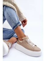 Damskie Buty Sportowe Skórzane na Platformie Beżowe Lemar 10150 Damskie Buty Sportowe Skórzane na Platformie Beżowe Lemar 10150
