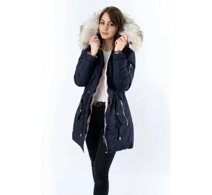 Tmavomodrá a ružová obojstranná dámska zimná bunda s kapucňou (w631) Tmavomodrá a ružová obojstranná dámska zimná bunda s kapucňou (w631)