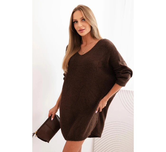 Dámské šaty Plus Size vlněné s výstřihem do V hnědá