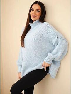 Dámský oversized model 22391394 s přídavkem vlny s rolákem a širokými rukávy modrý - K-Fashion