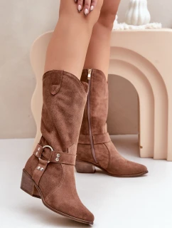 Zazoo 3669 Zamszowe Kozaki Kowbojki Damskie Do Połowy Łydki Brązowe