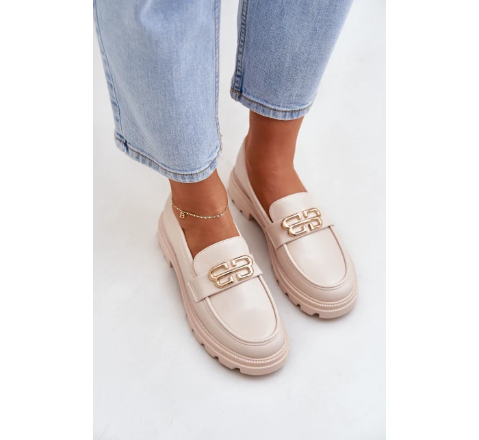 Mokasyny Damskie Ze Złotym Detalem Beżowe Trionna