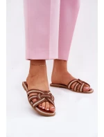 Klapki Damskie Płaskie Z Przeplatającymi Się Paskami Brązowe Acimine Klapki Damskie Płaskie Z Przeplatającymi Się Paskami Brązowe Acimine