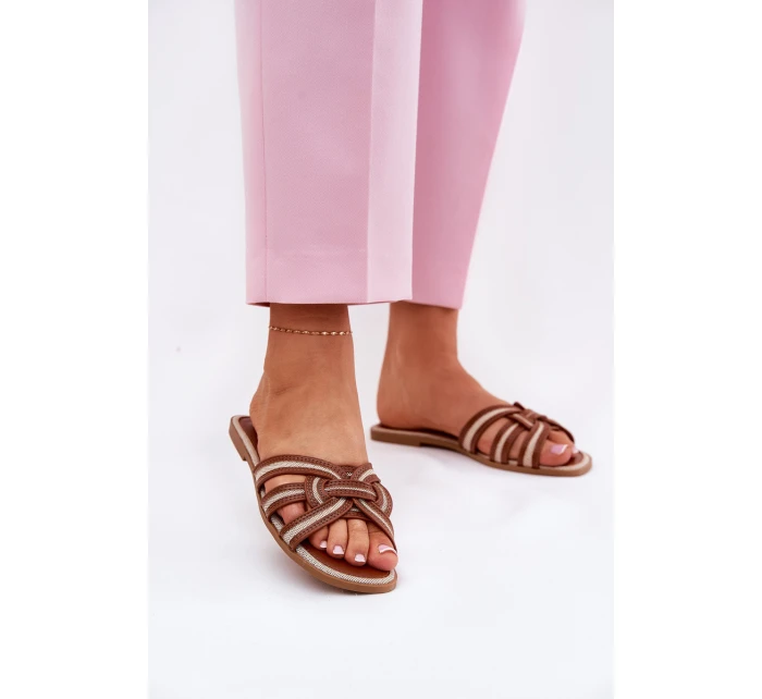Klapki Damskie Płaskie Z Przeplatającymi Się Paskami Brązowe Acimine Klapki Damskie Płaskie Z Przeplatającymi Się Paskami Brązowe Acimine