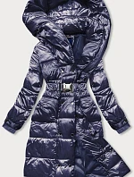 Dámska dlhá bunda s opaskom tmavomodrá (ag8-8002)