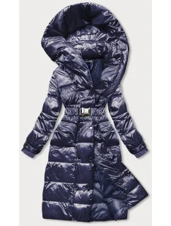 Tmavomodré dlhé dámske sako s opaskom (ag8-8002)