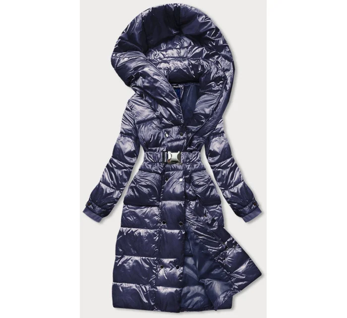 Tmavomodré dlhé dámske sako s opaskom (ag8-8002)