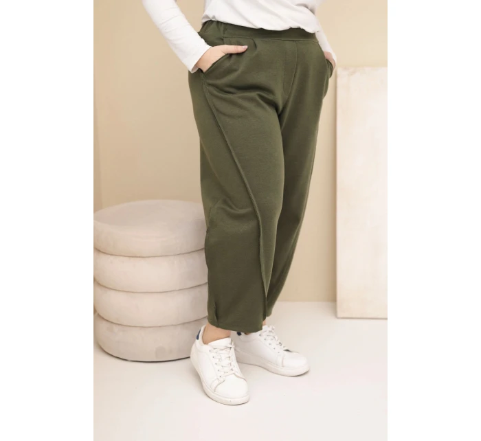 Dámské bavlněné kalhoty Plus Size volného střihu s vysokým pasem khaki Dámské bavlněné kalhoty Plus Size volného střihu s vysokým pasem khaki