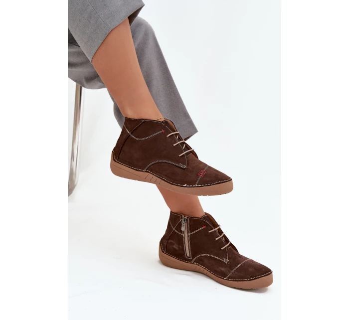 Skórzane Półbuty Damskie Z Przeszyciami Na Zamek Artiker 57C2117 Brązowe
