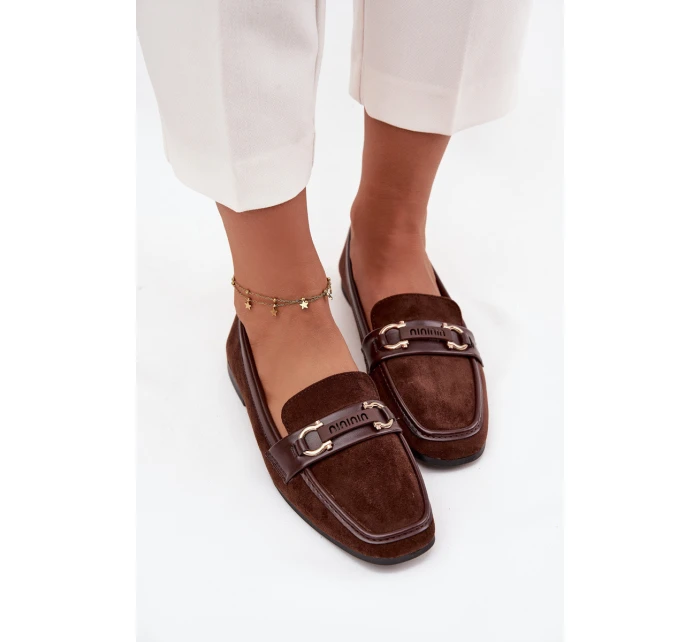 Mokasyny Loafersy Damskie Z Ozdobnym Elementem Czekoladowe Evelora