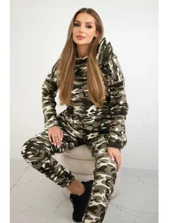 Dámská souprava s kapucí a model 21154145 potiskem khaki + ecru - K-Fashion