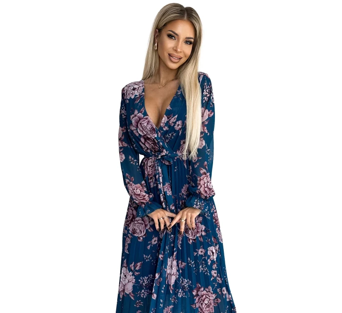 519-3 Plisované šifónové dlhé šaty s výstrihom, dlhými rukávmi a opaskom - MODRÉ s kvetmi 519-3 Plisované šifónové dlhé šaty s výstrihom, dlhými rukávmi a opaskom - MODRÉ s kvetmi