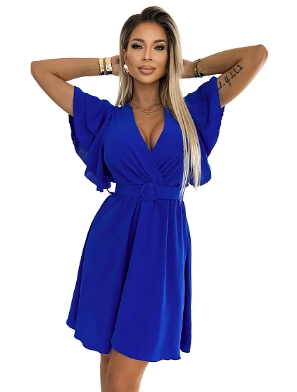 Dámské šaty s obálkovým výstřihem, rukávy a páskem model 22304046 - numoco basic