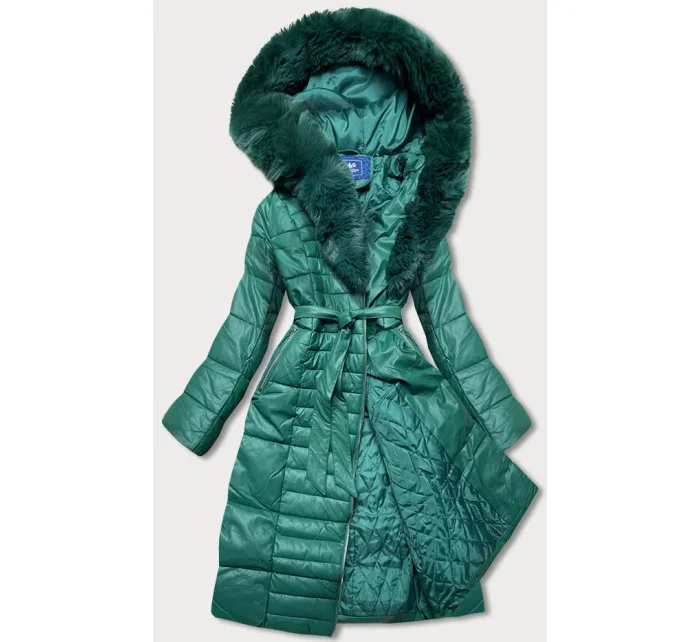 Dámska bunda s kožušinovým golierom zelená (ag6-28)