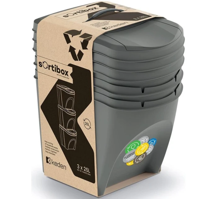 Odpadkové koše 25 l SORTIBOX SET 3 PACK OF GRAY STONE detské